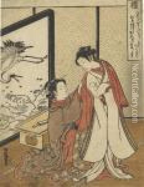 Rei
 [etiquette], A Maid Placing A Mantle On The Shoulders Of A Beauty In An Interior, Signed Oil Painting - Isoda Koryusai