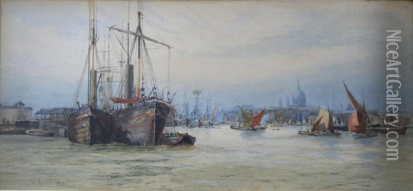 St. Paul's From Cherry Garden Pier Below London Bridge Oil Painting - Hubert James Medlycott