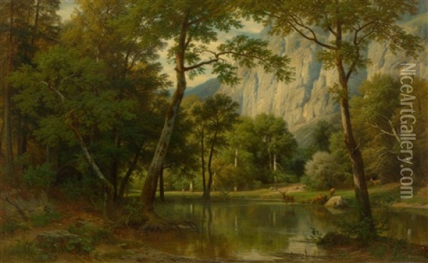A Mountainous Forest Landscape With Pond And Game Oil Painting - Eduard Friedrich Pape