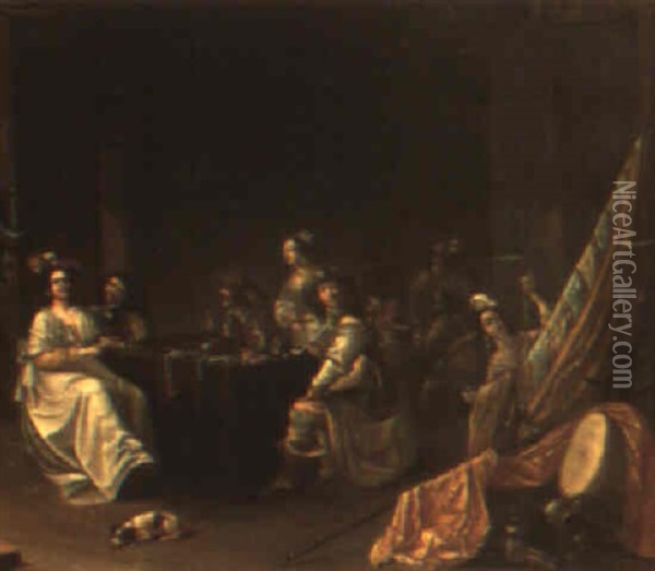 A Guardroom Interior With War Trophies And Figures Playing Cards Oil Painting - Jacob Duck