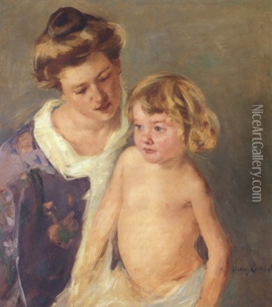 Jules Standing By His Mother (apres Le Bain) Oil Painting - Mary Cassatt