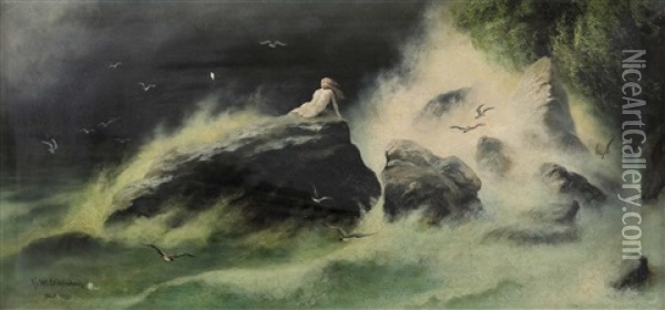 Meerjungfrau Auf Kustenfelsen In Sturmischer See Oil Painting - Karl Wilhelm Diefenbach