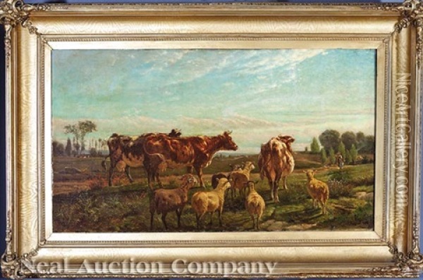 Cattle And Sheep In A French Landscape Oil Painting - Henry Collins Bisham