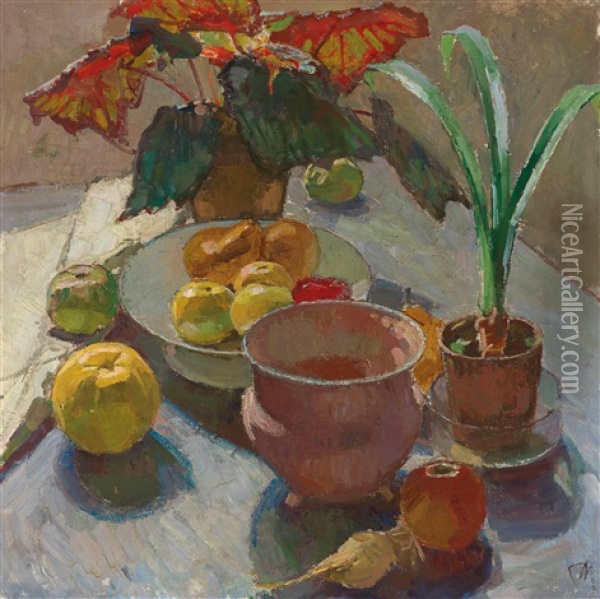 Still Life With Pots Of Flowers And Apples Oil Painting - Carl Moll