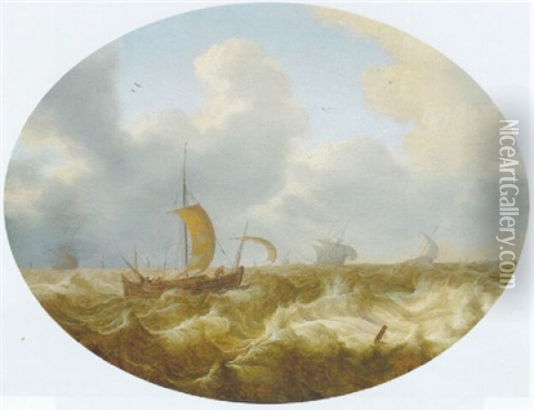 A Smalschip Running Before The Wind Offshore,other Shipping Beyond, As A Storm Approaches Oil Painting - Cornelis Leonardsz Stooter