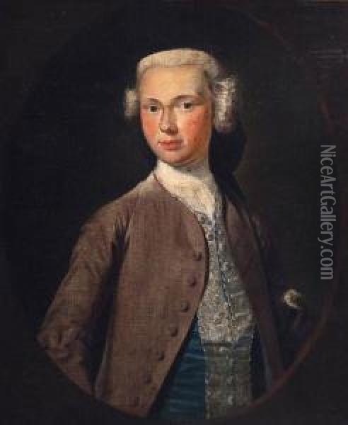 Portrait Of Archibald Kennedy, Half-length, In A Brown Coat, Blueembroidered Waistcoat And White Stock, A Tricorn Under His Arm,feigned Oval Oil Painting - Petrus Johannes Van Reyschoot