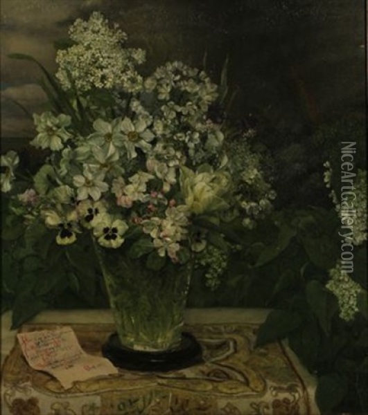 Still Life With Flowers In An Etched Glass Vase Oil Painting - Frieda Kniep