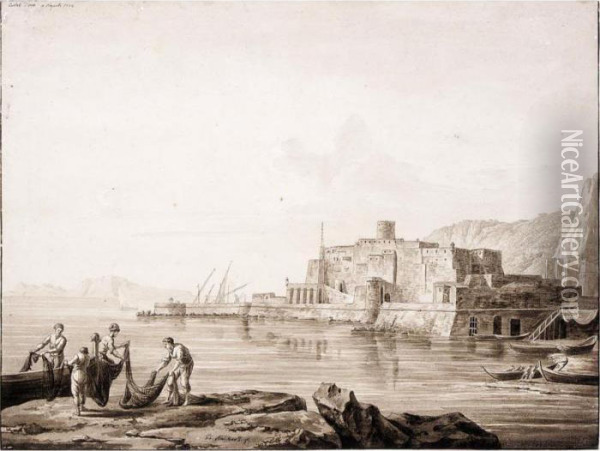 View Of The Castel Dell'ovo At Naples, With Fishermen Handling Nets From Boats Oil Painting - Jacob Philipp Hackert