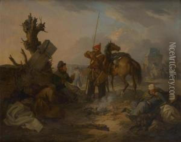 Halte D'un Uhlan Et Son Regiment Oil Painting - Karl Friedrich Schulz