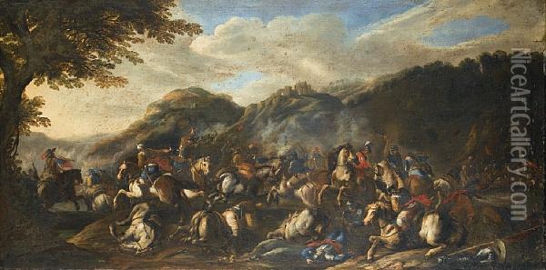 An Extensive Landscape With A Cavalry Battle Oil Painting - Antonio Calza