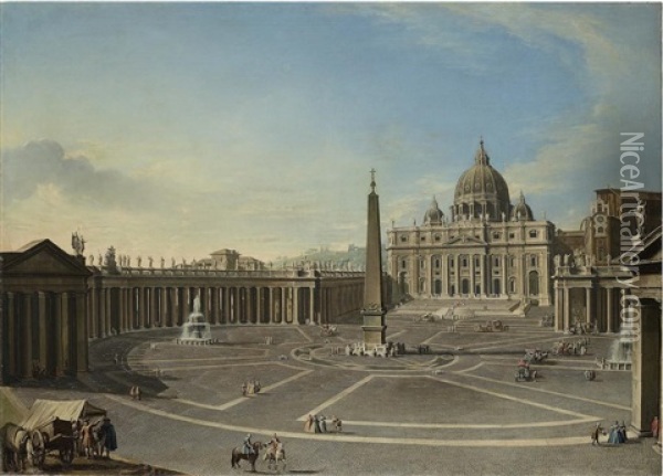 The Basilica Of Saint Peter's, Rome, With Bernini's Colonnade Oil Painting - Antonio Joli