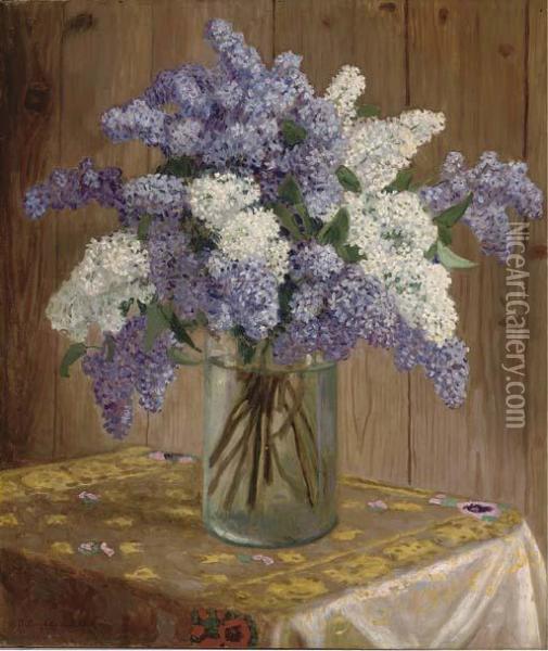 Purple And White Lilacs In A Glass Vase Oil Painting - Nikolai Petrovich Bogdanov-Belsky