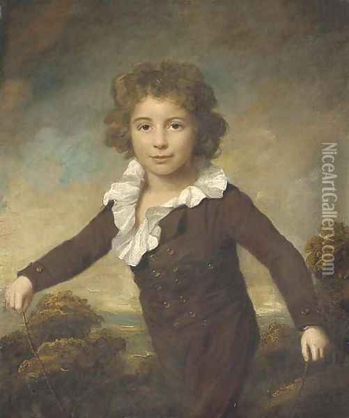 Portrait of a young boy, three-quarter length, in a brown coat and breeches, holding a skipping rope, in a wooded landscape Oil Painting - Lemuel-Francis Abbott