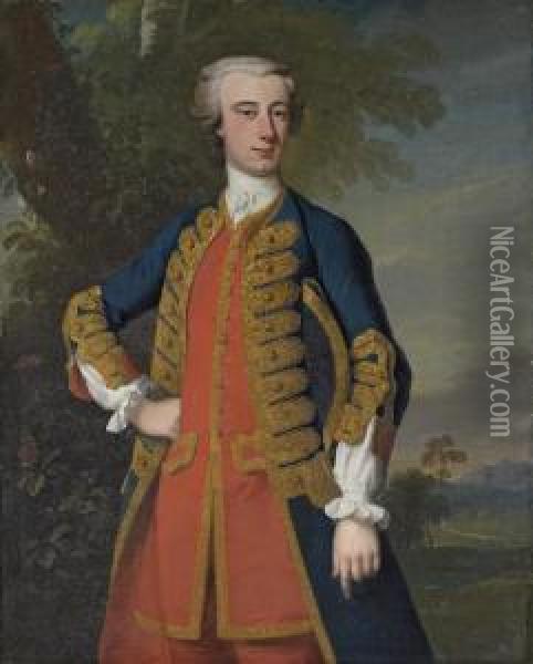 Portrait Of A Gentleman, 
Traditionally Identified As Mark Currie, Of Berwick-upon-tweed, 
Three-quarter-length, In A Blue Coat With Gold Trim And A Red Waistcoat,
 A Hat Under His Left Arm, In A Landscape Oil Painting - Enoch Seeman