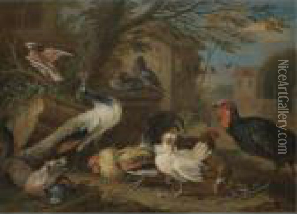 A Farmyard Still Life With A Peacock, Pigeons, Cockerels, And A Fox Oil Painting - Adriaen de Gryef