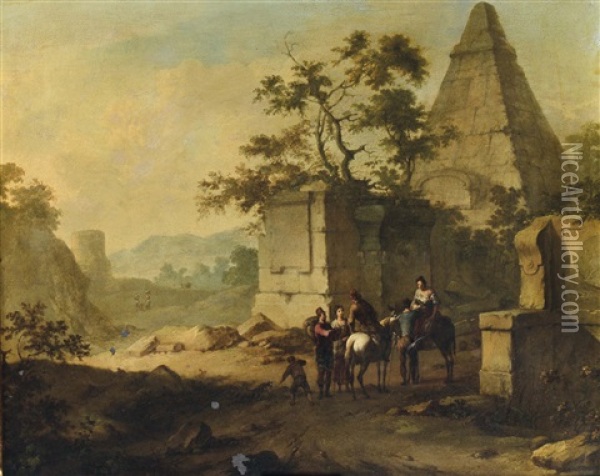 Capriccio Con Cavalieri E Piramide Oil Painting - Hendrick Verschuring