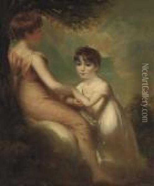 Portrait Of Two Children, Full-length, In Classical Dress, In Awooded Landscape Oil Painting - George Romney