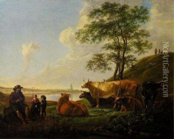 A Herdsman With Cattle In A Wooded River Landscape Oil Painting - Aelbert Cuyp