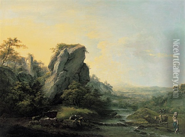 Arkadische Landschaft Mit Flusslauf Und Katarakt Und Ruhender Herde Im Schatten Oil Painting - Martin von Molitor