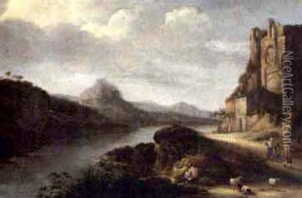 An Extensive Italianate River Landscape With Figures Resting Near Ruins Oil Painting - Nicolaes Molenaer