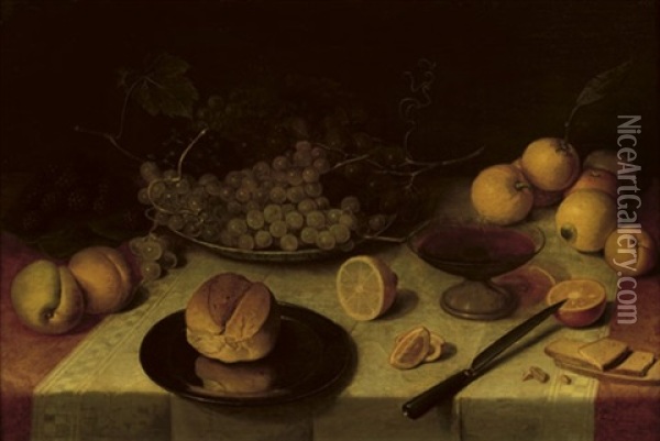 A Bun On A Silver Plate, Peaches, Blackberries, Black And White Grapes In A Porcelain Bowl, Oranges, A Glass Of Red Wine, A Knife And Slices Of Bread On A Draped Table Oil Painting - Floris Claesz van Dyck