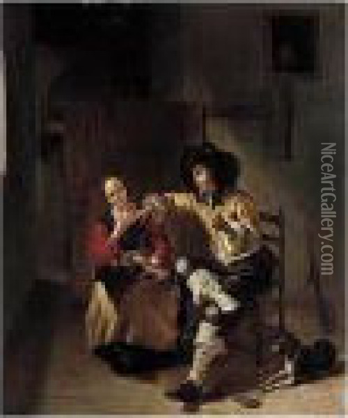 An Interior With A Sportsman Making Advances On A Maiden Making Lace Oil Painting - Gerrit Lundens