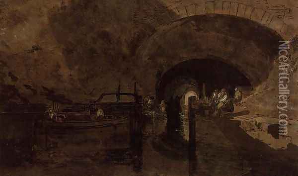 Men and barges at tunnel entrance Oil Painting - Joseph Mallord William Turner