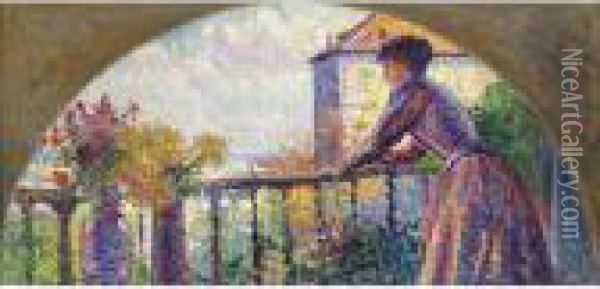 Property From A Private French Collection
 

 
 
 

 
 Paris, Rue Cortotmadame Luce Au Balcon Oil Painting - Maximilien Luce