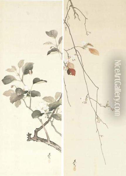 Summer And Winter (camellia And Cherry) Oil Painting - Shibata Zeshin