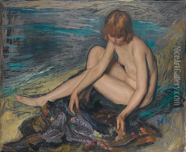 Nude Woman Seated With A Japanese Gown Oil Painting - Philip Wilson Steer