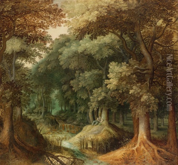 Eine Waldlandschaft Mit Lesendem Eremiten Oil Painting - Gillis Van Coninxloo III