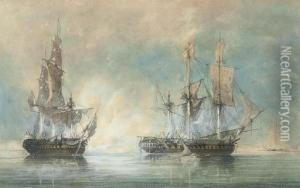 The Finale Of An Anglo-french Frigate Action Of The Napoleonic Wars Oil Painting - Samuel Atkins