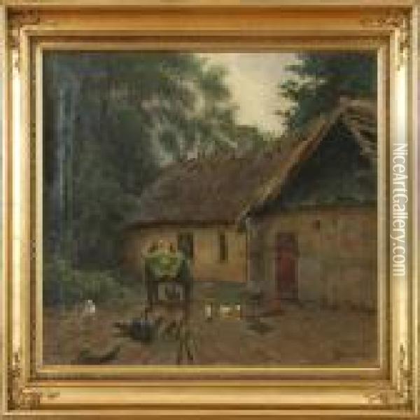 Bage Et Gammelt Husmandshus I ..... Oil Painting - Emil Winnerwald