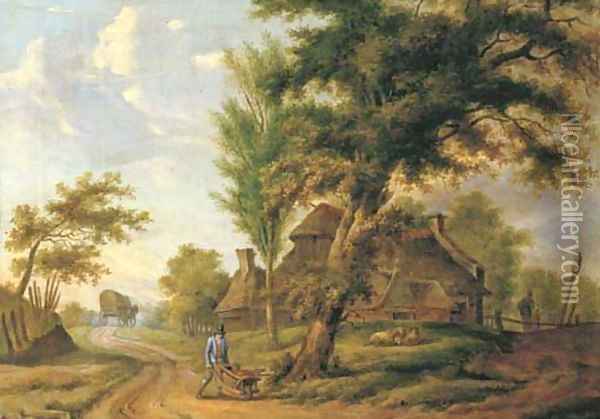 A landscape with a farm and a peasant pushing a wheelbarrow on a country road Oil Painting - Dutch School