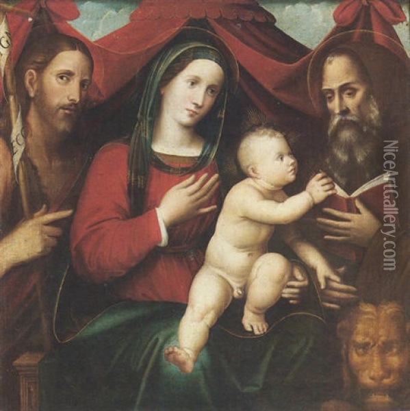 A Sacra Conversazione: The Madonna And Child Flanked By Saints John The Baptist And Jerome (?) Oil Painting - Giacomo Francia