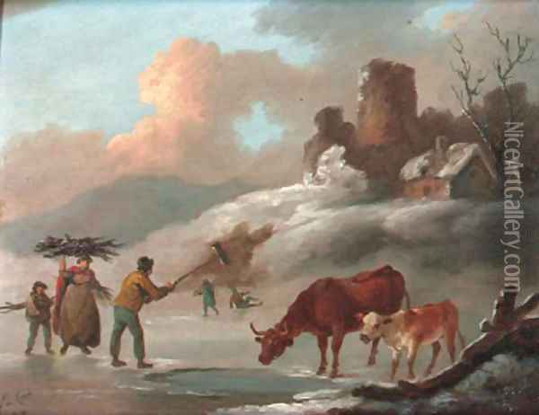 Figures and cattle on a frozen lake Oil Painting - Peter Le Cave