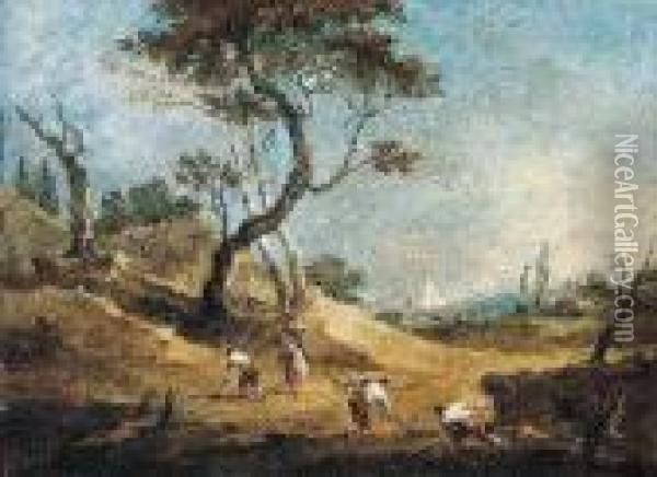Pastoral Landscape With Peasants Hoeing And A Washerwoman Before Oil Painting - Francesco Guardi