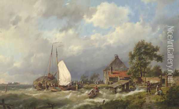 Boats Docking in an Estuary Oil Painting - Johannes Hermanus Koekkoek Snr