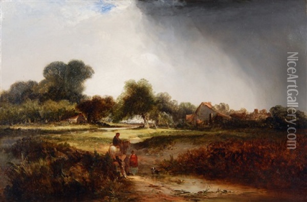 Landscape With Rustics On The Outskirts Of A Village Oil Painting - Edward Charles Williams
