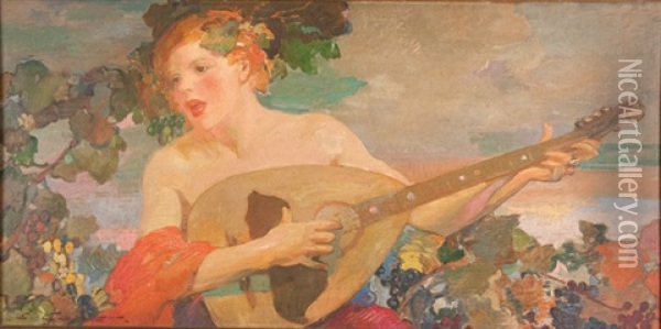 Boy With Musical Instrument Oil Painting - Ettore Caser