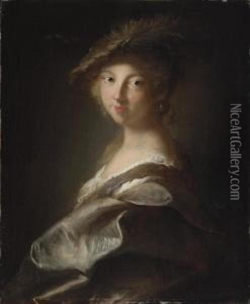 Portrait Of A Lady, Said To Be 
The Duchesse De Caumont-laforce,bust-length, In A Plumed Hat And Silk 
Mantle Oil Painting - Jean-Alexis Grimou
