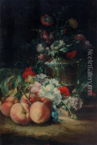Still Life Of Mixed Flowers In A Vase, With Peaches And Other Flowers On A Ledge Oil Painting - Gasparo Lopez