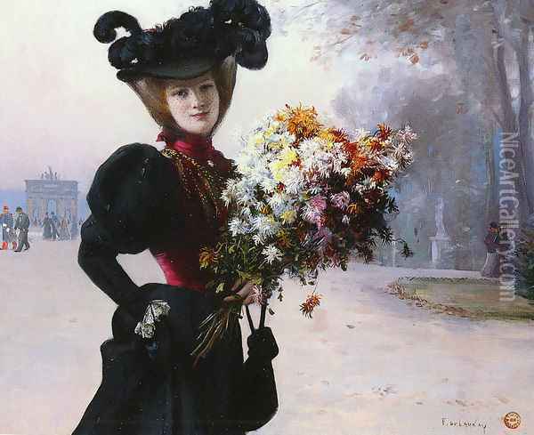 La Femme Au Fleurs, Jardin Du Tuileries (Lady with Flowers, Garden of the Tuileries) Oil Painting - Fernand de Launay