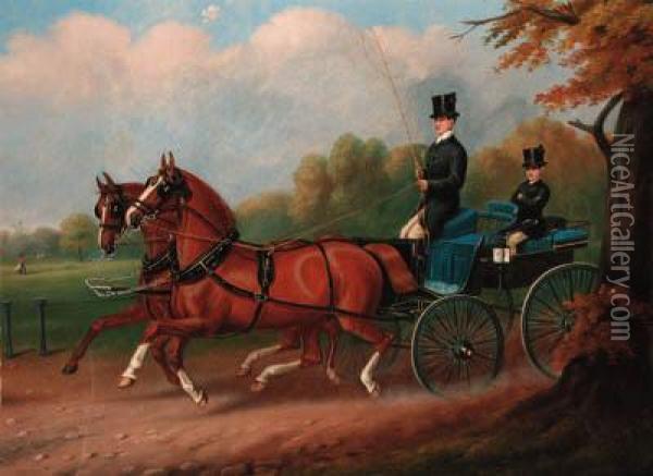 A Coach And Two In Hyde Park With The Monument Of The Duke Ofwellington Beyond Oil Painting - Edward Corbett
