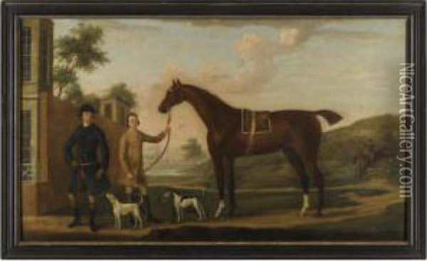 A Huntsman With His Bay Hunter, Held By A Groom, With Two Hounds Outside A Country House Oil Painting - James Seymour And Thomas Spencer
