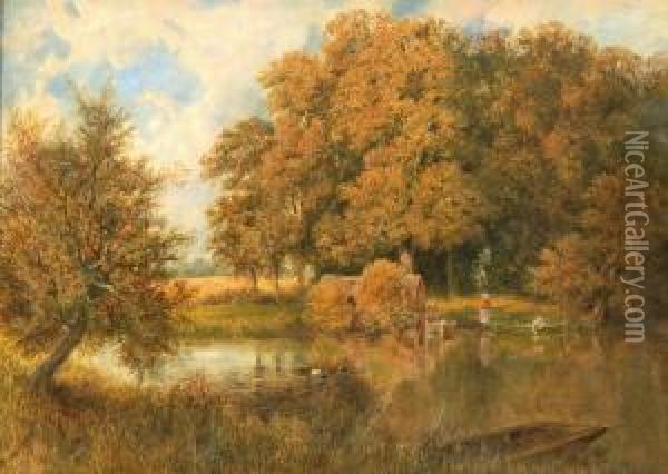 English River Scene With Two Figures In A Boat Oil Painting - George Parsons Norman