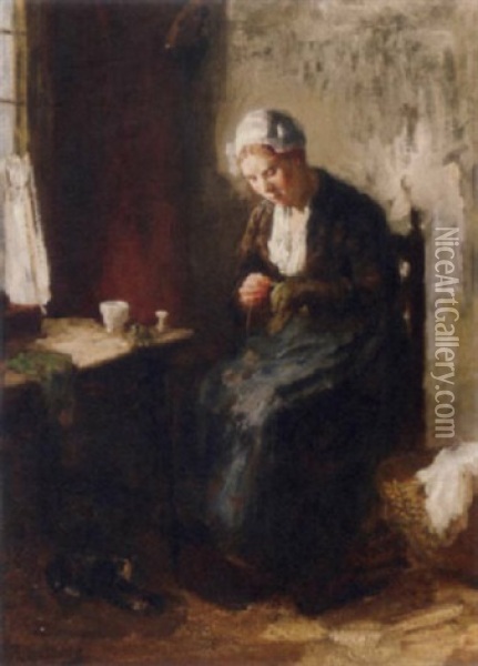 A Girl Sewing Oil Painting - Bernard de Hoog