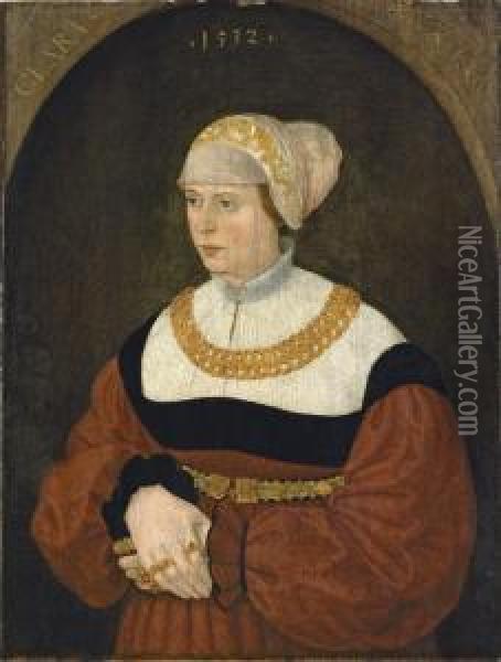 Portrait Of Clara Burckhardt, Half-length, In A Gold-embroidered White Bonnet And A Red Dress With A Lace Collar, And A Gold Belt And Necklace, In A Sculpted Niche Oil Painting - Conrad Creuznach Von Faber