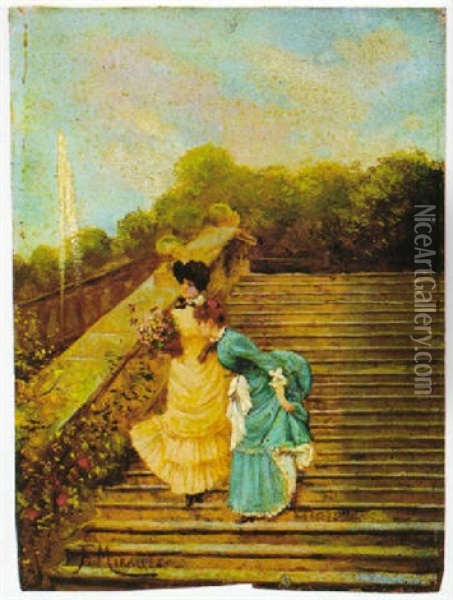 Damas En La Escalinata Oil Painting - Francisco Miralles y Galup
