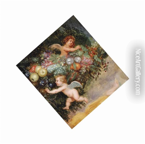 Two Putti With A Garland Of Grapes, Quinces, Apples, Strawberries And Other Fruit Oil Painting - Jan Van Balen